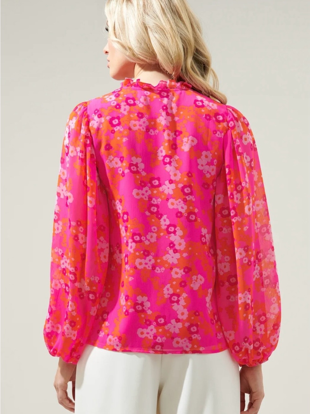 Sugarlips Poppy Punch Hathaway Split Neck Long Sleeve Blouse - Picture 5 of 5